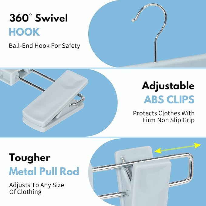 Skirt Hangers，Pants Hangers with Clips，360 ° Swivel Hooks Space Saving Hangers for Pants, Skirts, Clothes, Jeans (10Pack, Light Blue)