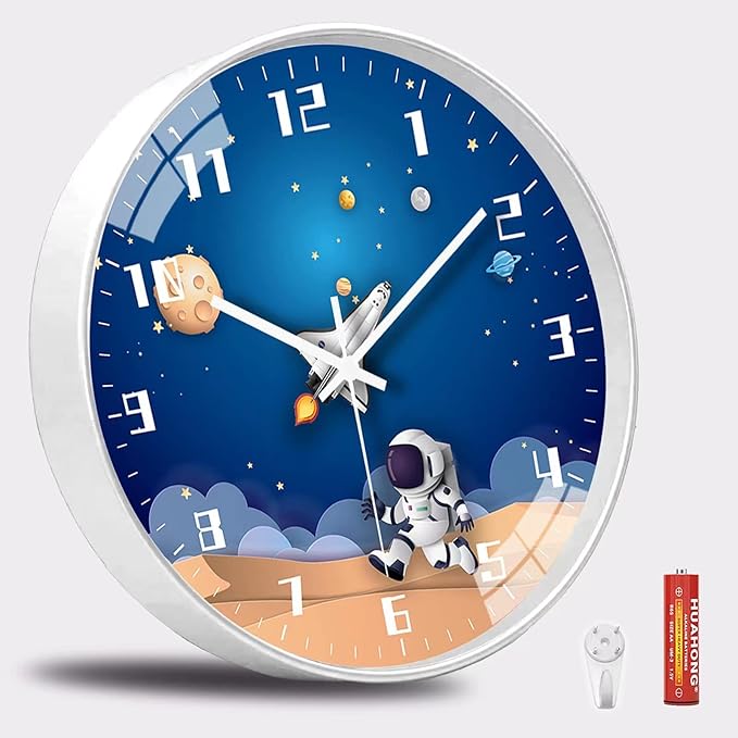 12 Inch Silent Movement Kids Wall Clock, Non Ticking Children Round Wall Clock Battery Operated Space Travel Style Decor Children Clock for Home School Boys Bedroom Living Room (White)