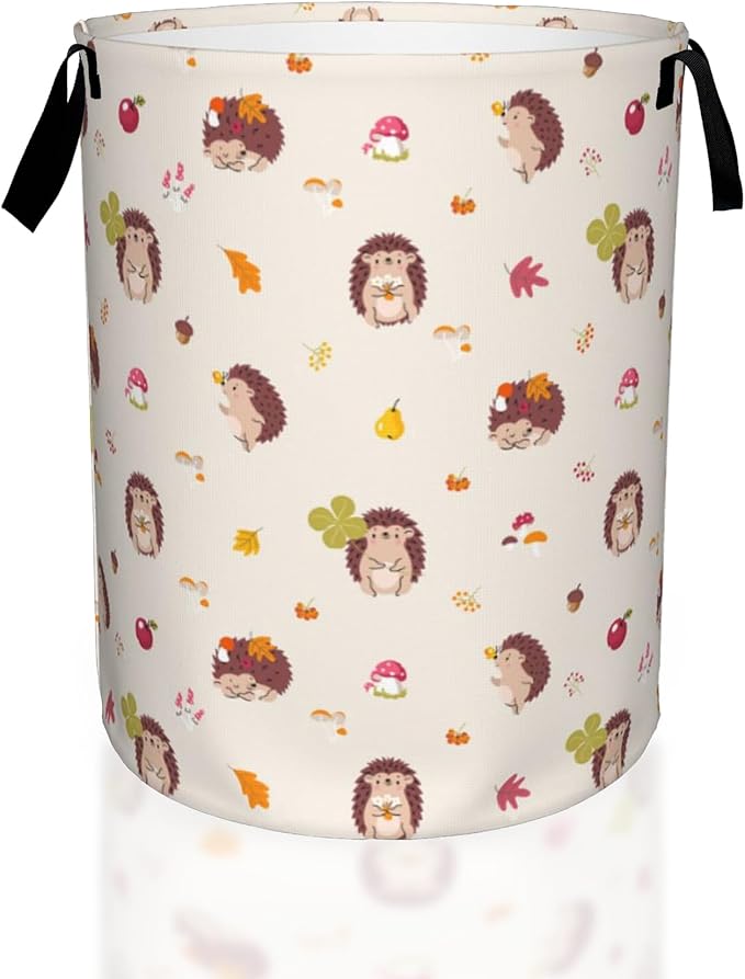 Laundry Hamper, Fall Hedgehogs Mushroom and Leaves Laundry Basket,Waterproof Foldable Storage Bin for Bedroom,Clothes Organizer Basket,Toys Box 16x20 Inch