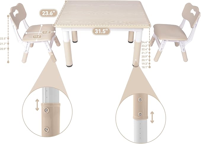 Kids Table and 2 Chairs Set, Height-Adjustable Toddler Table and Chair Set with Graffiti Desktop, 31.5''L x 23.6''W Children Activity Table for Daycare, Classroom, Home