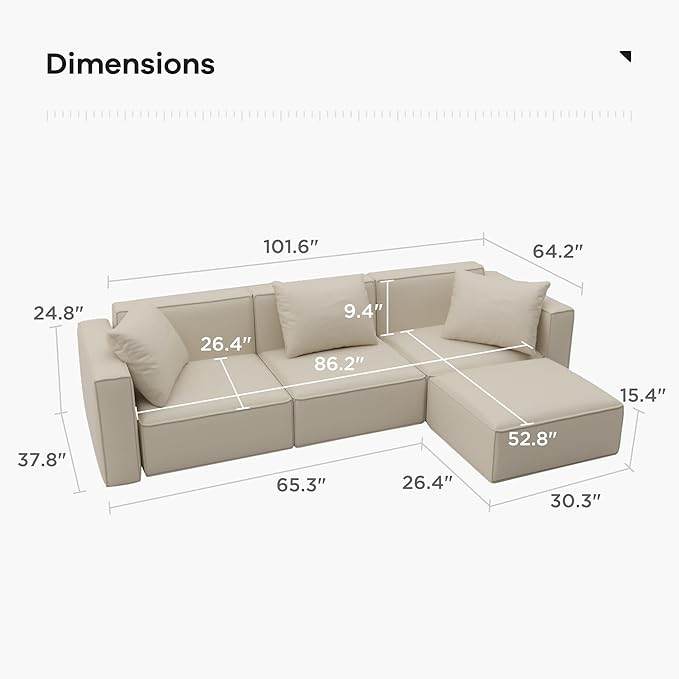 Acanva Luxury Modular Sectional Living Room Sofa Set, Modern Minimalist Style Couch with Ottoman and Chaise, L-Shape, Cream