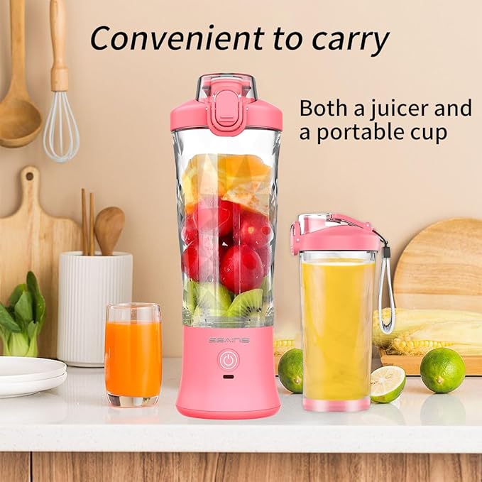 Portable Blender, Personal Blender for Shakes and Smoothies with 20 Oz Travel Cup and Lid, Mini Personal Size Blender with 6 Blades and USB Rechargeable for Gym, Kitchen and Outdoors (Pink)