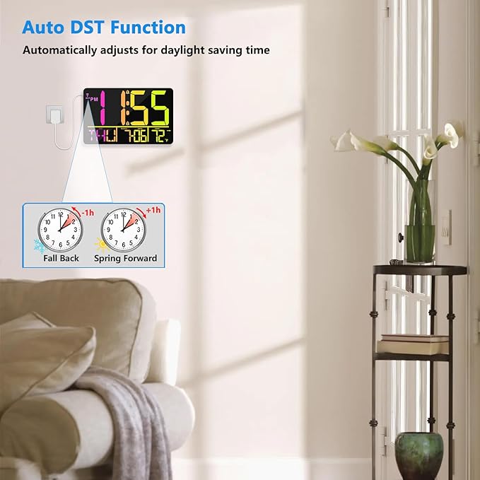 13" Bluetooth Auto Sync Wall Clock- Large Digital Alarm Clock with Remote, RGB Color Changing, 25 Ringtones, Adjustable Brightness, Auto DST, for Living Room, Kitchen, Office, Elderly