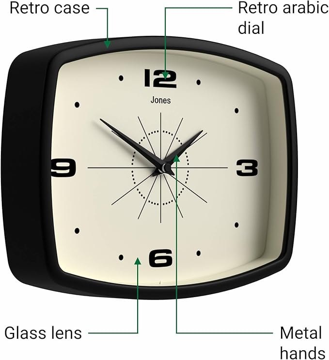 JONES CLOCKS® Movie Wall Clock | Rectangular Retro Clock | 10 inch | Black | Cool mid-Century Designer Look for Kitchen, Living Room or Office