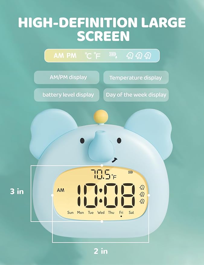 Elephant Alarm Clock for Kids Bedroom, Blue Elephant Animals Clock with Night Light, Adjustable Dimming, 3 Alarms, Loud, Timer, Boys Alarm Clocks Gift