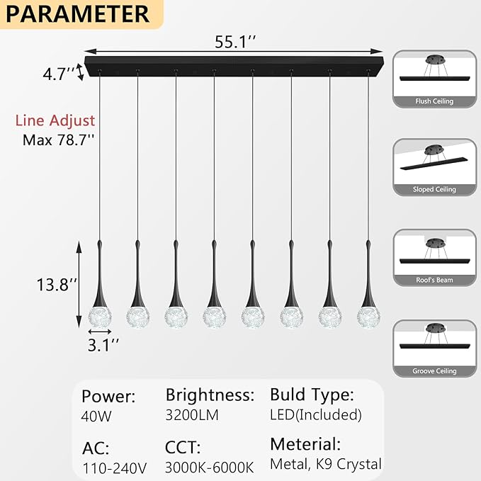 8 Light Modern Glam Crystal Rectangular Chandelier for High Ceiling LED Dimmable Ceiling Pendant Light Kitchen Island Staircase Foyer Enterway Living Room Chandelier Lighting Antique Black