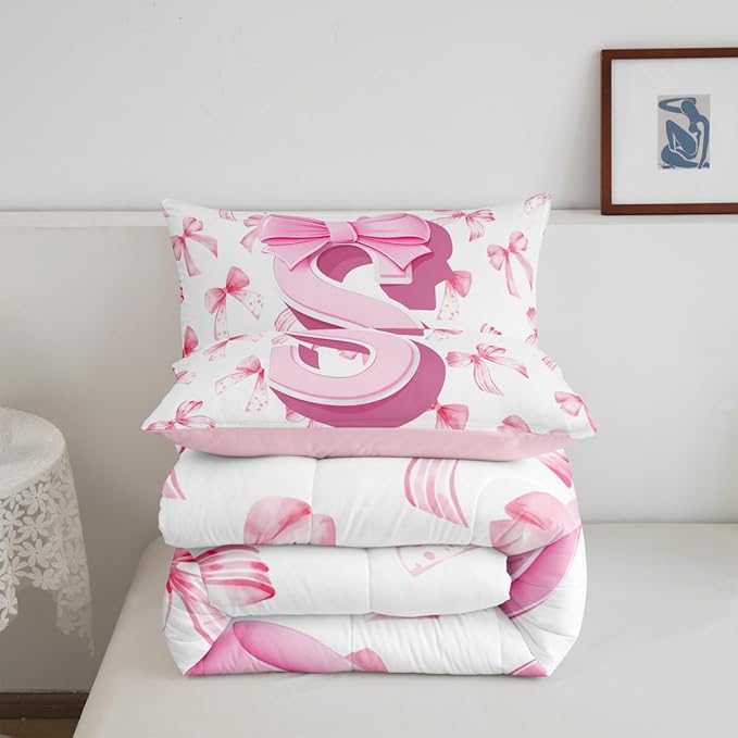 jejeloiu Kids Girls Cute Pink Bow Comforter Set Full Size Monogrammed Bedding Set Ultra Soft Personalized Initial S Duvet Quilt Coquette Bow Knot Quilt Set Room Decor Modern Fashion Comforter