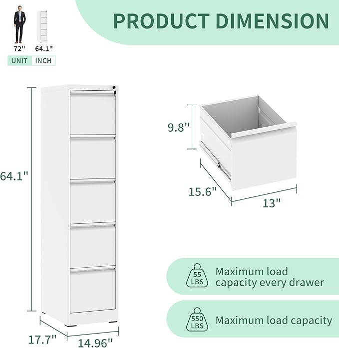 File Cabinet, Vertical File Cabinets with Lock for Home Office,Heavy Duty Office Steel Filing Cabinet for Hanging Letters/Legal/A4, Assembly Required (White, 5 Drawers)