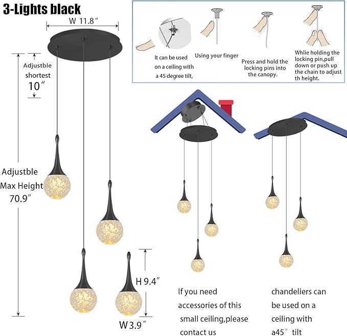 Pendant Light Fixtures 3-Light Kitchen Island Pendant Lights Modern Black Chandelier Dimmable LED Pendant Lighting for Kitchen Island Dining Room