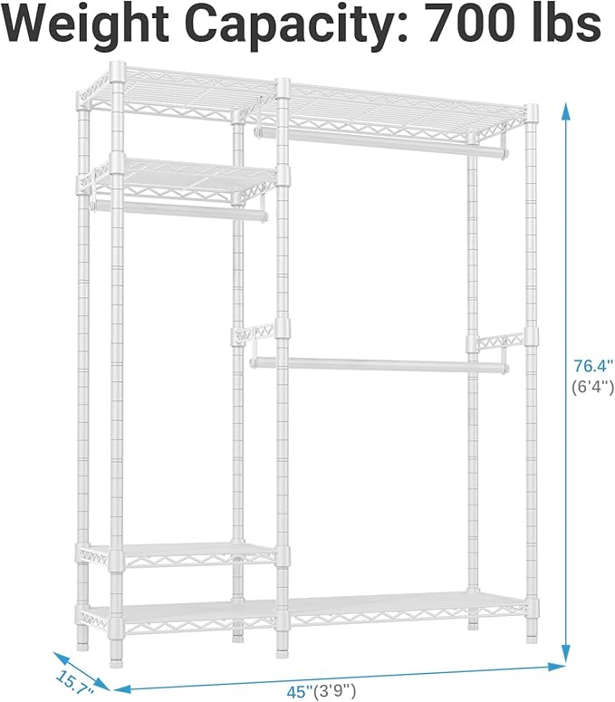 VIPEK V2S Heavy Duty Clothes Rack 4 Tiers Wire Shelving Garment Racks with 3 Hanging Rods Compact Freestanding Closet Metal Closet Rack, Max Load 700LBS, White