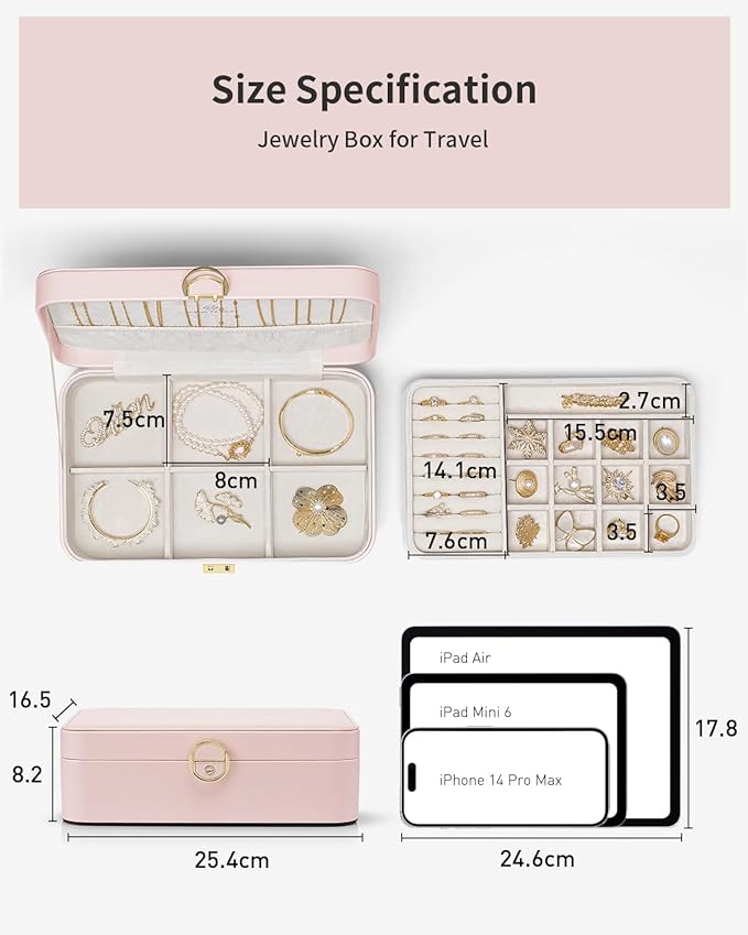 Vlando Jewelry Box Organizer for Women Girls, 2 Layer Jewelry Case with Lock,Jewelry Storage Earrings Necklace,Rings,Gift Box Packaging,Wedding Birthday Gifts-Pink