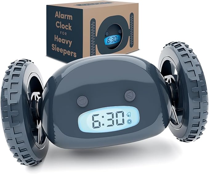 CLOCKY Extra Loud Alarm Clock for Heavy Sleepers on Wheels Rolls Runs Away Vibrating, Easy to Set Super Smart Snooze Digital Bed Shaker Alarm Clock Funny Gift for Adults Kids Teens Bedrooms (Slate)