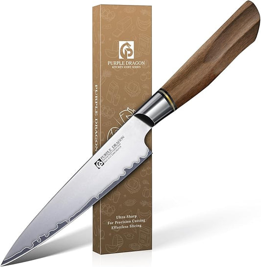 Purple Dragon Kitchen Utility Knife 5.1 Inch, Vg10 Steel Ultra Sharp Blade, Small Kitchen Fruit Paring Knife with Ergonomic Wooden Handle, Gift Box