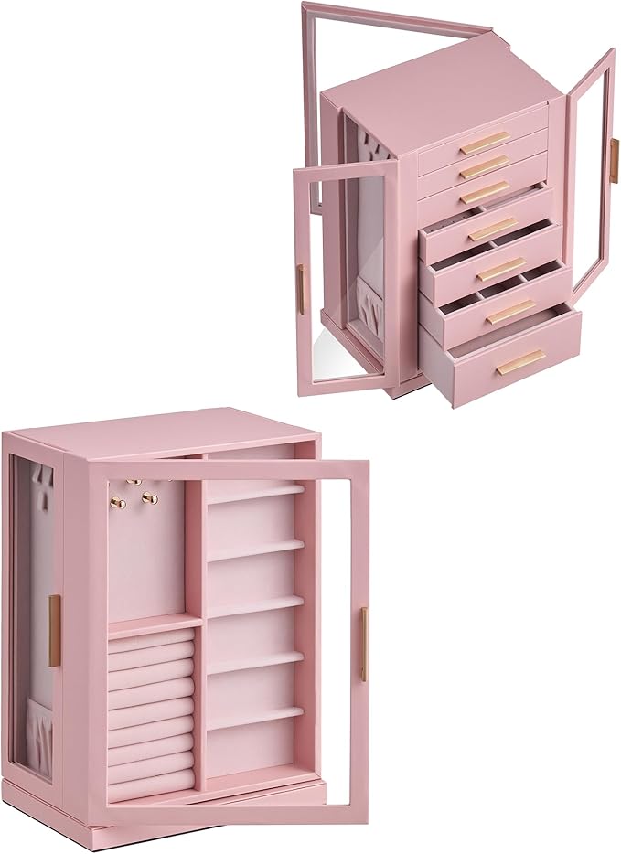 360° Rotating Jewelry Box with 7 Drawers, Spacious Vertical Jewelry Organizer with Glass Window, Jewelry Storage Case, Dustproof & Moisture-resistant Design, Pink