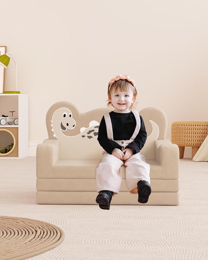 2-in-1 Kids Couch Fold Out, Convertible Toddler Couch to Lounger, Toddler Chair Comfy, Kids Sofa for Girls and Boys, Gift for Birthday, Children's Day, Dinosaur Beige