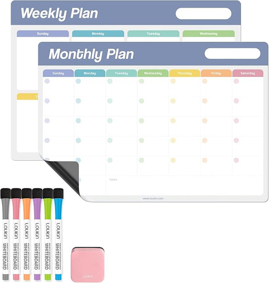 Loukin 17"x11.8" Dry Erase Calendar Set (Monthly+Weekly), Electrostatic Adsorption Whiteboard Planners, Reusable Schedule for Refrigerator, Clings to Any Shiny Surface, 6 Markers & 1 Eraser Included