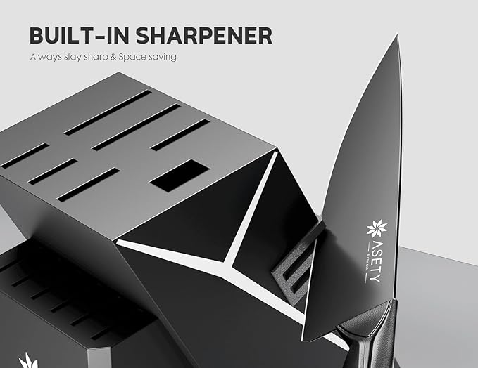 Kitchen Knife Sets with Block -15 PCS Knife Set with Bulti-in Sharpener, Dishwasher Safe, Stainless Steel Kitchen Knife with Ergonomic Handles, Sharp knives for Men and Women,Black