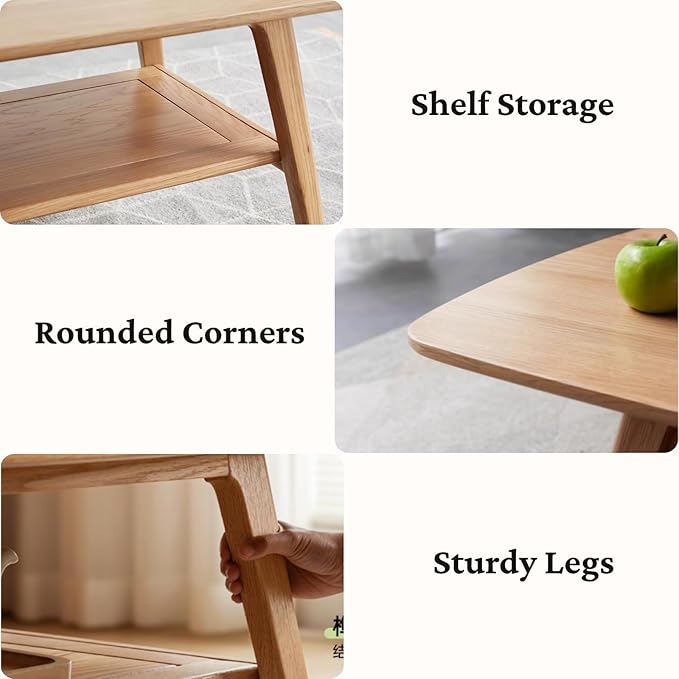 Wood Coffee Table - 2-Tier Oak Coffee Table - Modern Center Coffee Table with Storage Shelf for Living Room, Apartment, and Office