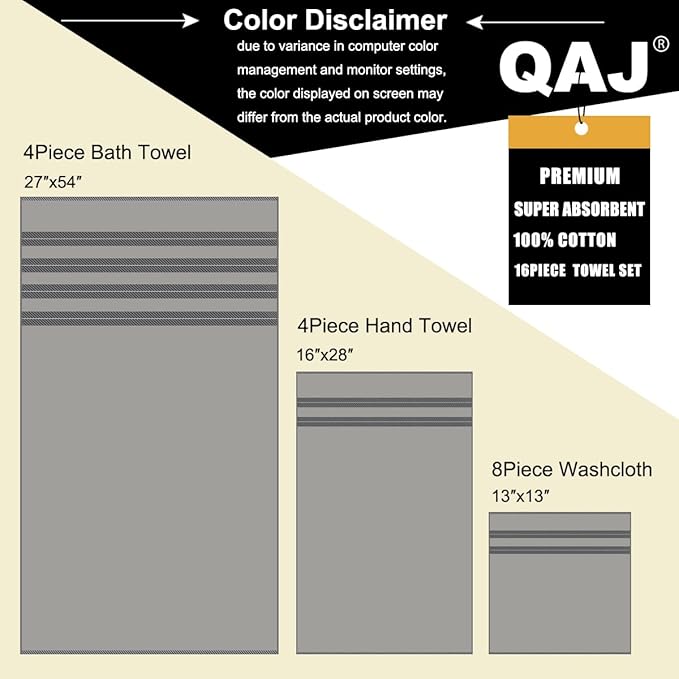 16-Piece Bath Towels Set, 100% Cotton Thick Soft Highly Absorbent Durable, Quick Dry, Bathroom Towels Set (4 Bath Towels, 4 Hand Towels, 8 Washcloths) - Perfect for Daily Use