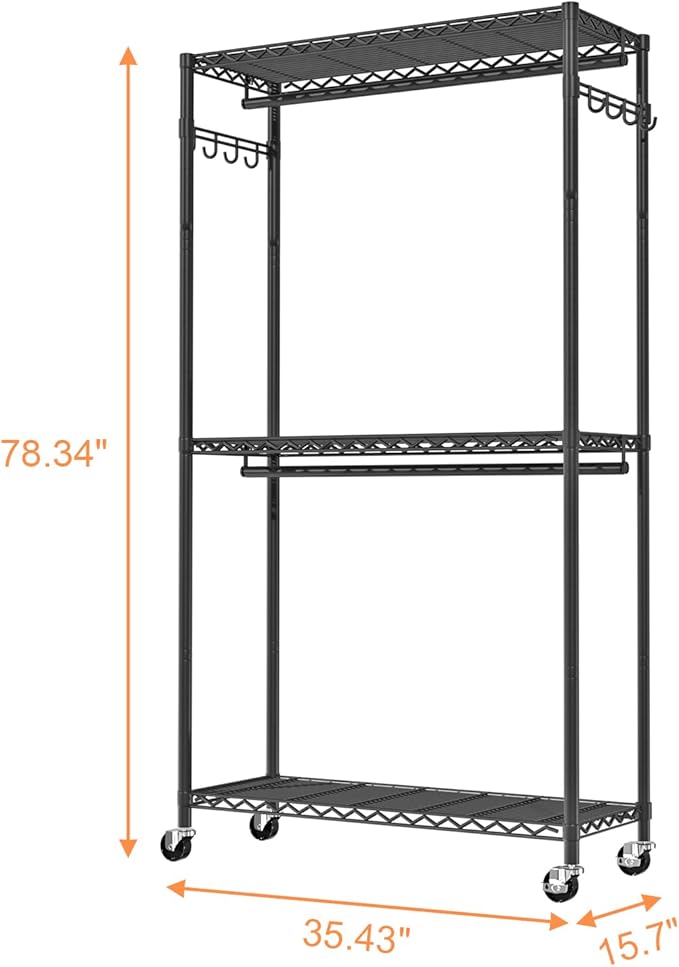 Clothes Rack, Clothing Racks for Hanging Clothes, 3 Tiers Adjustable Garment Rack with Wheels | Double Rods | Side Hooks | Heavy Duty | Load 445lbs | 15.7" D x 35.43" W x 78.34" H | Black