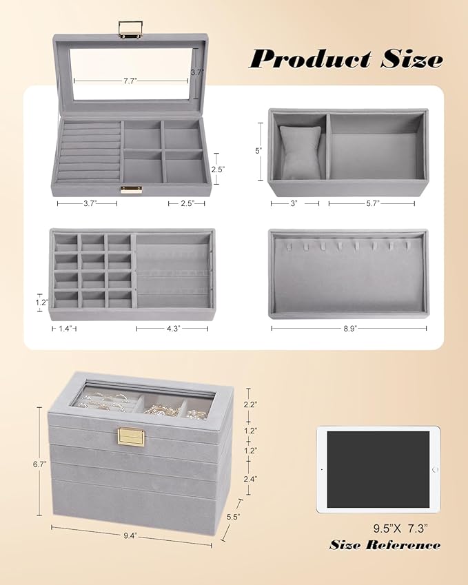 Homde Jewelry Tray Stackable Jewelry Box Drawer Organizer with Glass Lid, Removable Dividers for Vanity Table Gift Idea for Girls and Women (Gray)
