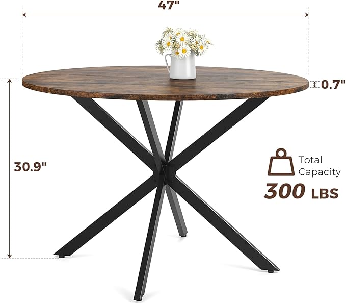 Unovivy 47" Round Dining Table for 4-6, Space Saving Circle Kitchen Dinner Table, Industrial Mid Century Modern Dining Room Desk for Kitchen, Apartment, Rustic Brown