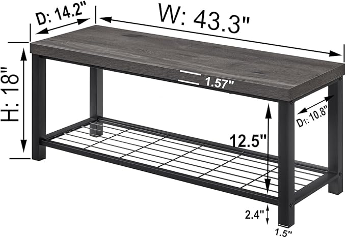 EXCEFUR Entryway Bench, Industrial Metal and Wood Storage Bench for Living Room, Indoor Shoe Rack Bench Seat, 43.3 Inch Grey
