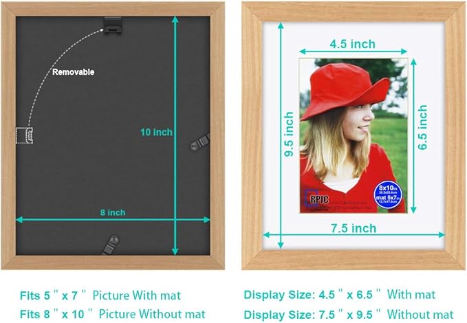 RPJC 8x10 inch Picture Frame Made of Solid Wood and High Definition Glass Display Pictures 5x7 with Mat or 8x10 Without Mat for Wall Mounting Photo Frame Natural