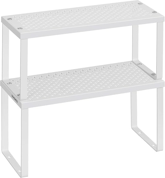 SONGMICS Spice Racks, Set of 2 Metal Cabinet Shelf Organizers, Countertop Organizers, Shelf Risers, Stackable, Expandable, White UKCS003W01