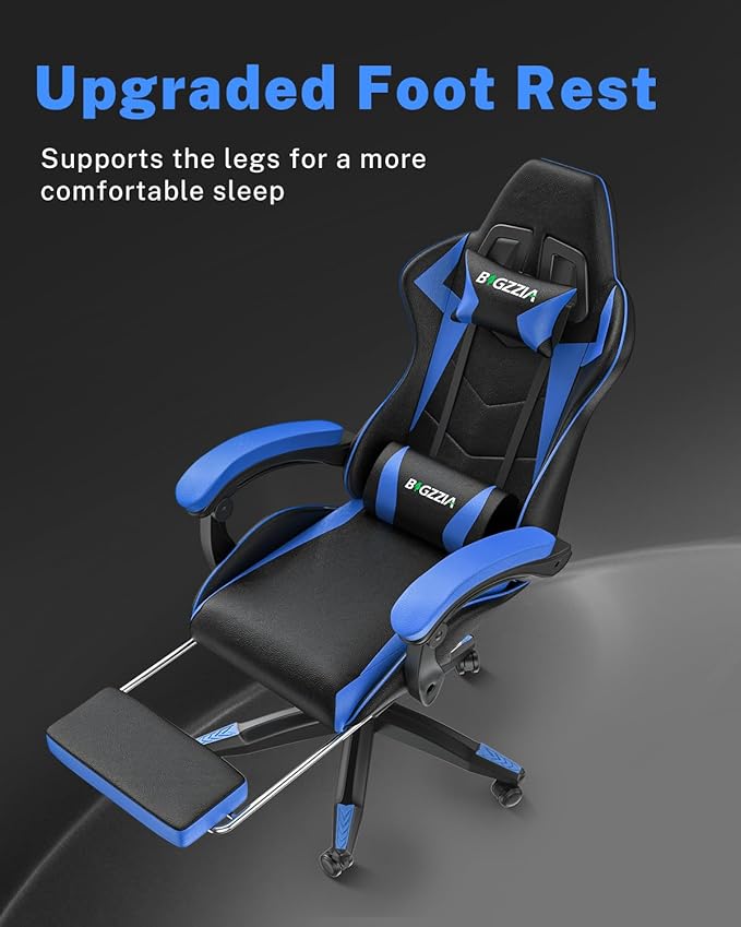 Gaming Chair with Footrest, High Back Ergonomic Computer Gamer Chair with Headrest and Lumbar Support, Racing Style Reclining Game Chair for Adults, Kids (Blue-Black)