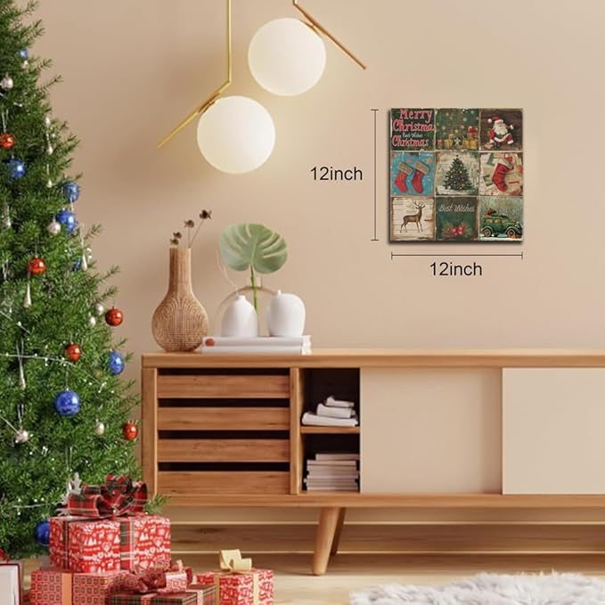 Christmas Decoration Santa Claus Canvas Wall Art Pictures Rustic Vintage Christmas Prints Posters Xmas Tree Wall Decor Aesthetic Merry Christmas Sign for Home Living Room Bedroom Bathroom Holiday Decoration Gifts 12x12inch