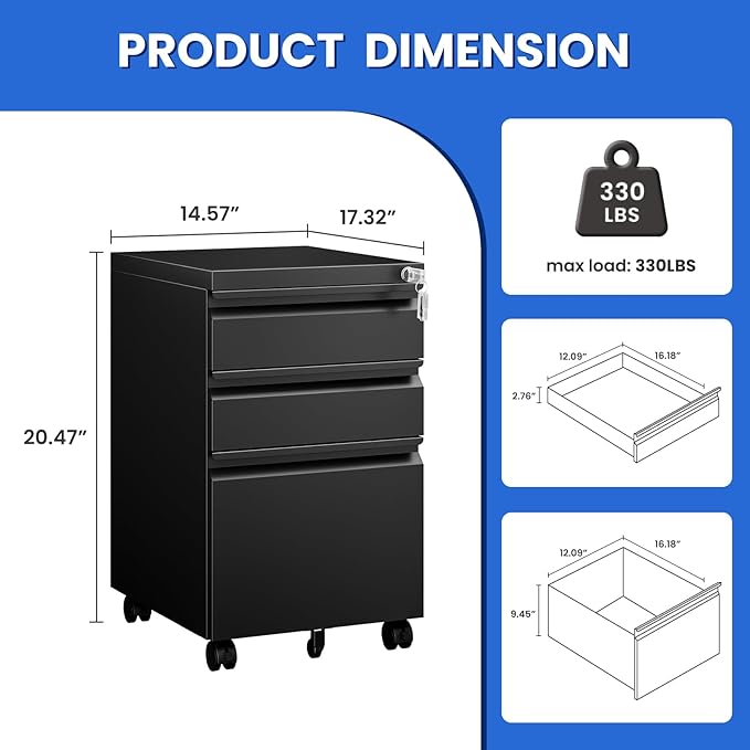 MIIIKO File Cabinet 3 Drawers on Wheels Under Desk, Black Metal Rolling File Cabinets with Lock for Home Office, Un-Assembled Filing Cabinet with Lock