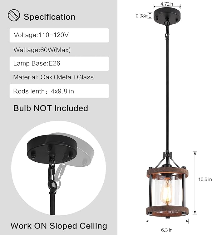 SGLfarmty Farmhouse Pendent Lights for Kitchen Island, Rustic Black and Wood Light Fixtures with Glass, Bronze Pendant Lamps Over Table, Chain Hanging Light for Dining Room, Sink, Bar, 1 Pack