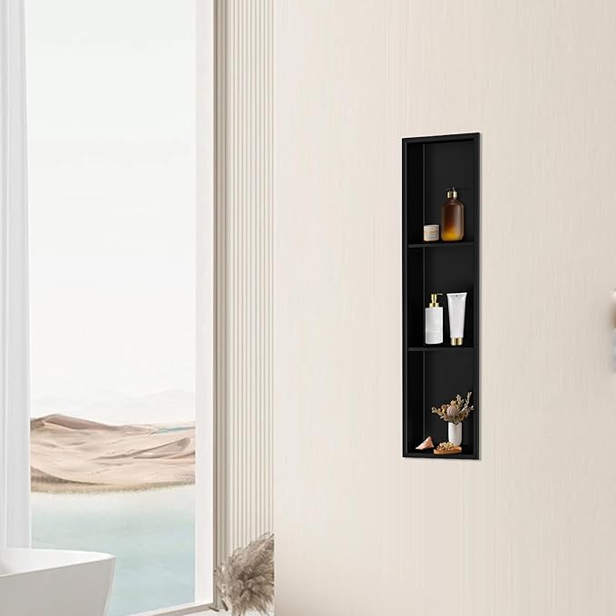 36" X 8" Stainless Steel Shower Niche Insert Tile Ready, Niche for Shower Wall, 3-Tier Recessed Shelf No Tile Needed for Bathroom Storage, Matte Black