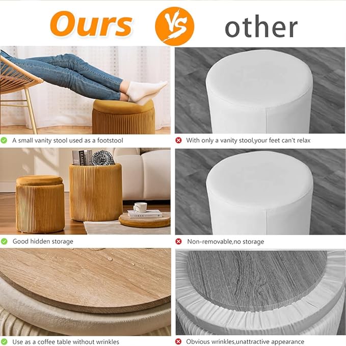 Round Ottoman with Storage Set of 2-Upholstered Sherpa Vanity Stool for Makeup Multifunctional Ottomans Coffee Table Padded Seat Foot Rest (Engineered Wood, Yellow)