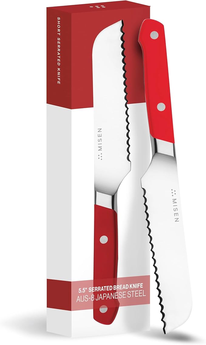 Misen Serrated Bread Knife – High-Carbon Japanese AUS8 Steel – Effortless Slicing of Bread, Pastries, and Fruits – Razor-Sharp Edge and Durable Blade with Ergonomic Handle - 5", Red