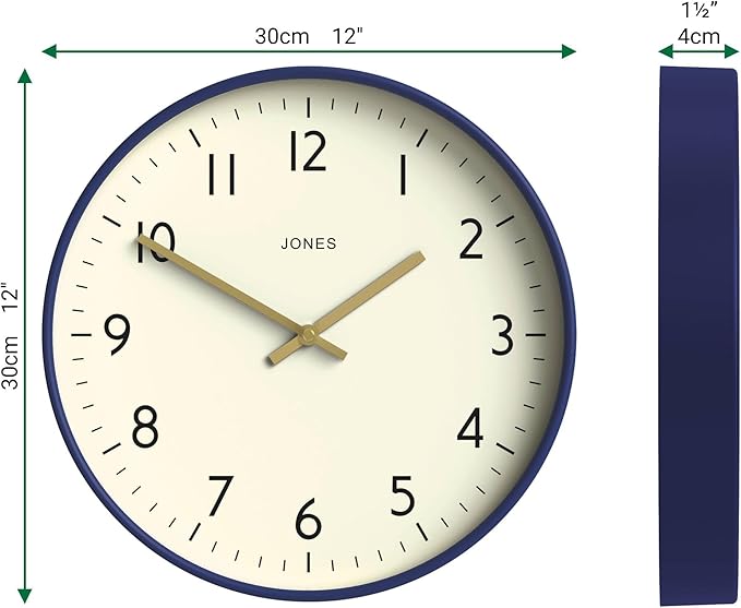 JONES CLOCKS® Studio Wall Clock | Modern Round Clock | 12 inch | Dark Navy Blue | Easy to Read Numbers | Versatile Design for Kitchen, Living Room or Office