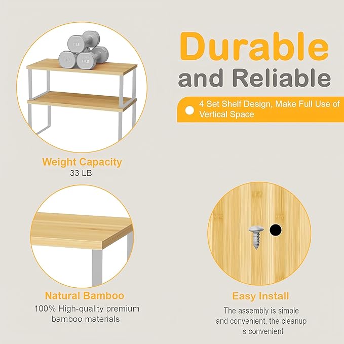 2 Pack Cabinet Organizer Shelves, Stackable and Expandable Kitchen Counter Shelf, for Kitchen Cabinet Countertop Storage, Spice Rack, Metal and Premium Bamboo (White, 15.6" W)