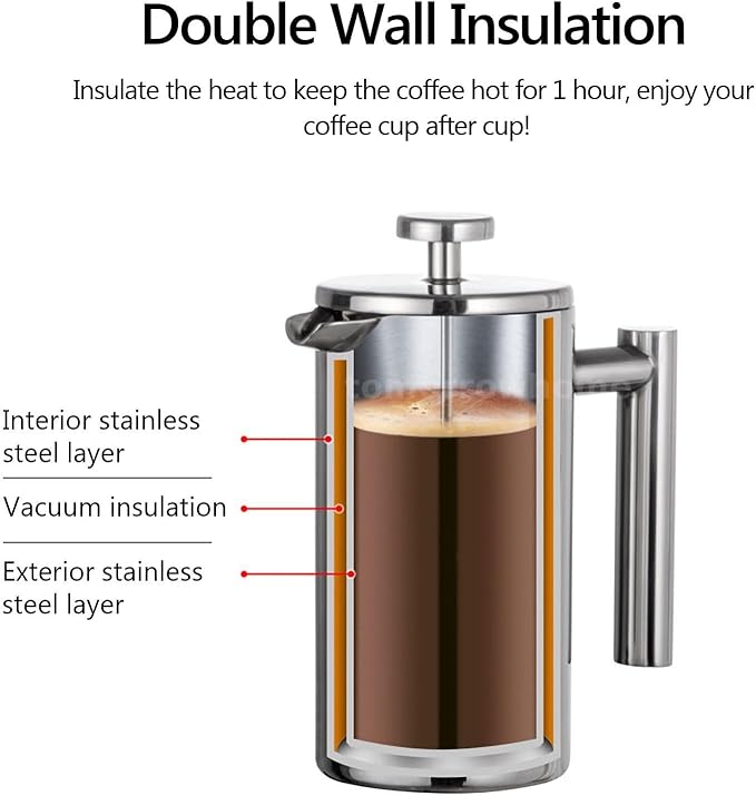Travel French Press, 34oz Stainless Steel Coffee Press for Camping, Double Wall Insulated & No Drip Spout plastic free coffee maker