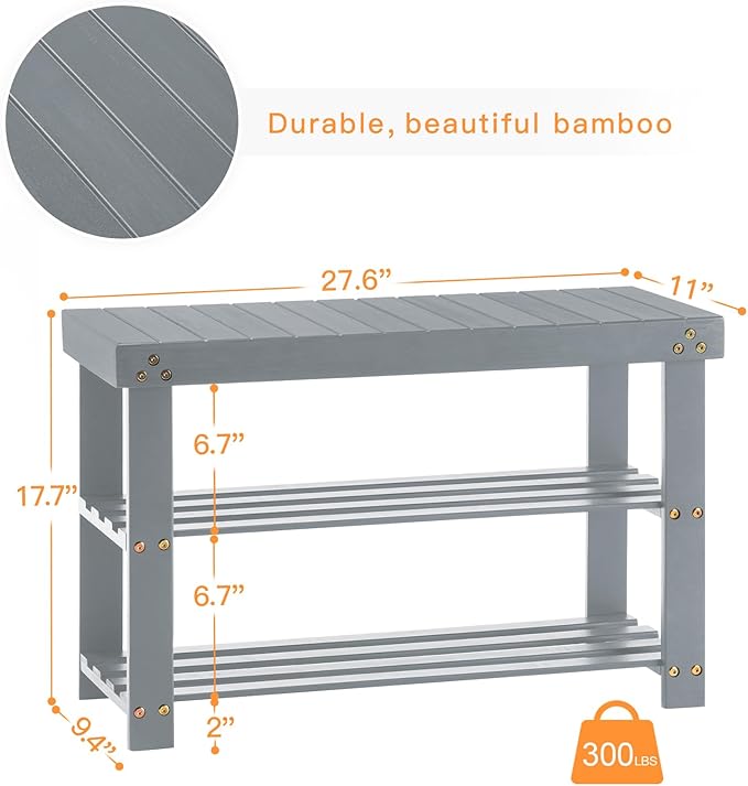 Apicizon Bamboo Shoe Storage Bench for Living Room, Entryway Storage Premium Shoe Organizer or Entryway Bench, Grey