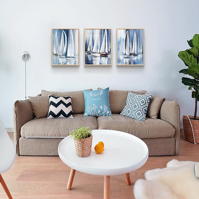 Wall Decorations For Living Room Natural Wood Framed Wall Art For Bedroom Office Wall Decor Wall Hanging Decor Abstract Seascape Sailboat Artwork For Wall Painting Print Pictures Home Decor 3 Piece