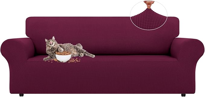 LURKA Stretch Sofa Slipcovers 1 Piece Couch Covers for 3 Cushion Couch Sofa Furniture Protector Full Sofa Covers with Elastic Bottom for Kids and Dog (Large, Wine)