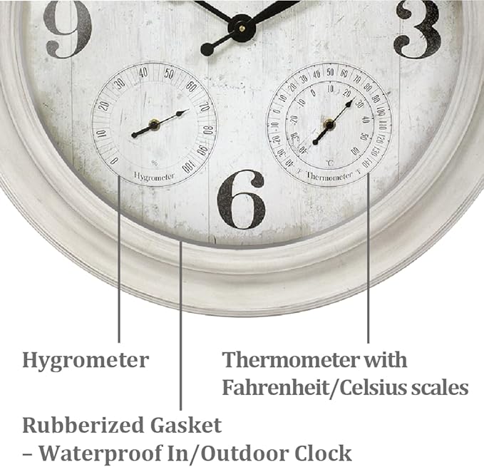 Presentime & Co. 26" Clifton in/Outdoor Farmhouse Clock with Thermometer & Hygrometer as All in One Weather Station, Farmhouse Wall Art and Timepiece for Home Decoration, Weathered White Finish