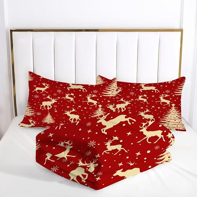 Red Kids Christmas Elk Comforter Set Women Girls Comforter Set Queen Microfiber Christmas Bedding Set Teens Girls Women Bedroom Bed Bedspread New Year Decorations for Home