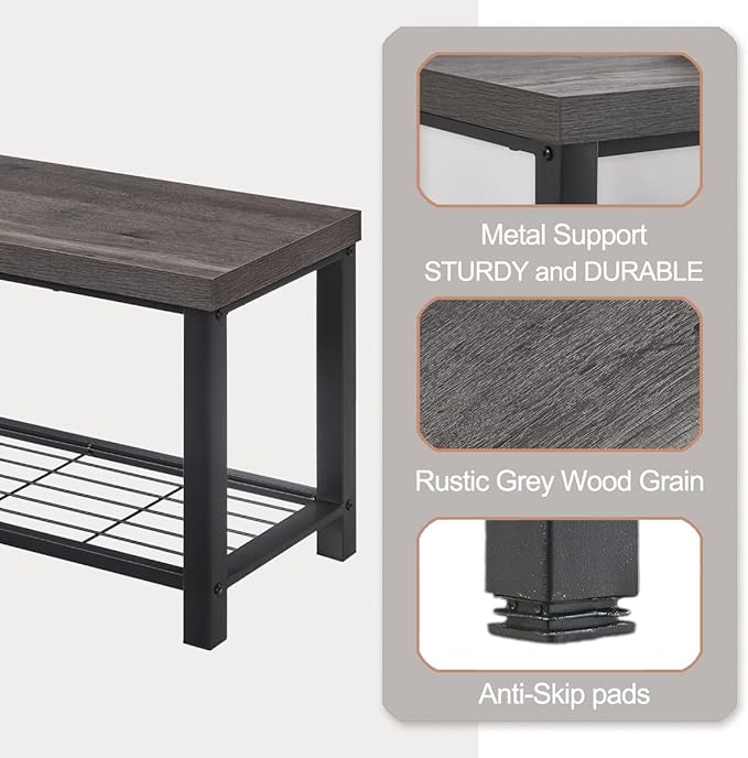 EXCEFUR Entryway Bench, Industrial Metal and Wood Storage Bench for Living Room, Indoor Shoe Rack Bench Seat, 43.3 Inch Grey