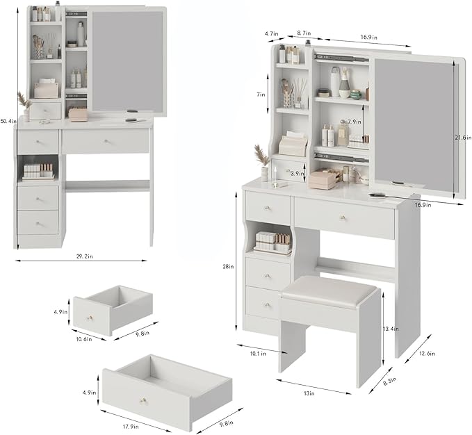 Small Vanity Desk Set with Mirror and Drawers, Makeup Vanity Desk Set with Storage Drawer, Solid Compact Vanities Table with Chair, Compact Space Storage Shelves for Bedroom, White