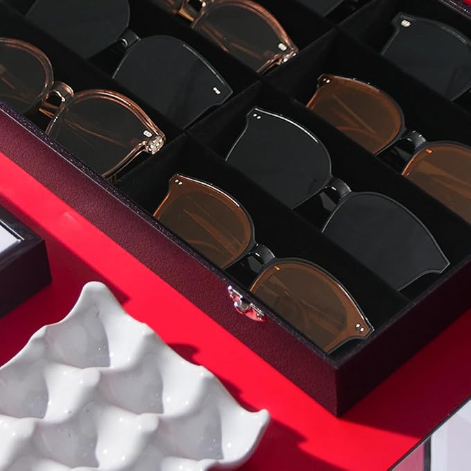 Coward Sunglass Organizer Tray Box, Black Velvet Grids Eyeglasses Display Tray Case with Transparent Glass Lid for Home Use or Store Shop Selling Show