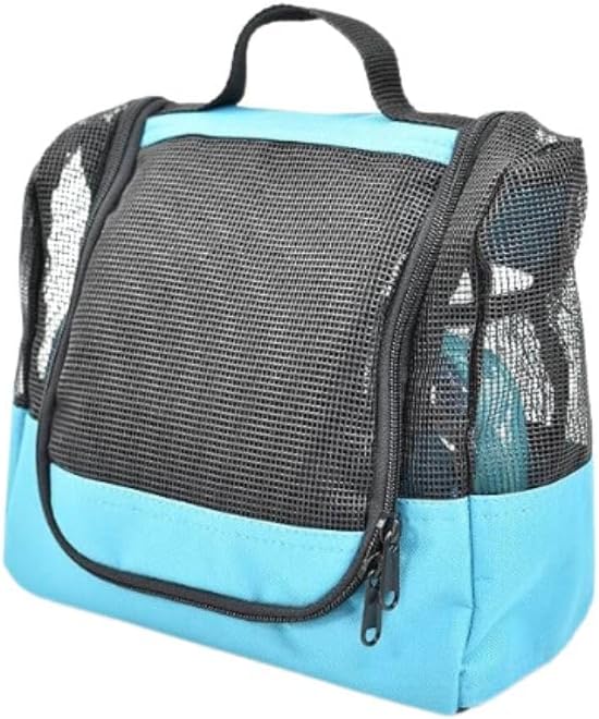 The Fine Living Co. Portable Hanging Shower Caddy Organizer Bag (Free Toiletries Case+Metal Hook) Quick Dry Mesh Shower Caddy Tote Bag Pouch For Bathroom College Dorm Camp Gym Camping 10”x4”x8”(Aqua)
