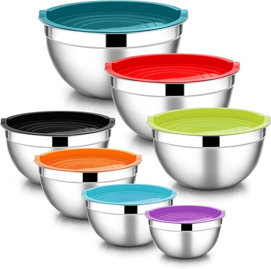 E-far Stainless Steel Mixing Bowls with Lids, 7-Piece Metal Nesting Bowls with Colorful Airtight Lids for Saving Storage Space, Size 7, 4.6, 3, 2, 1.5, 1, 0.7QT, Great for Baking/Cooking/Prepping