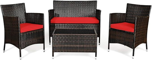 Goplus 4-Piece Rattan Patio Set, Outdoor/Indoor Wicker Conversation Set for Pool, Backyard, Lawn, Wicker Chairs and Sofa with Soft Cushion, Rattan Furniture with Tempered Glass Coffee Table